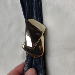 Women's Vintage Flexible Dark Blue Leather Belt with Gold clasp